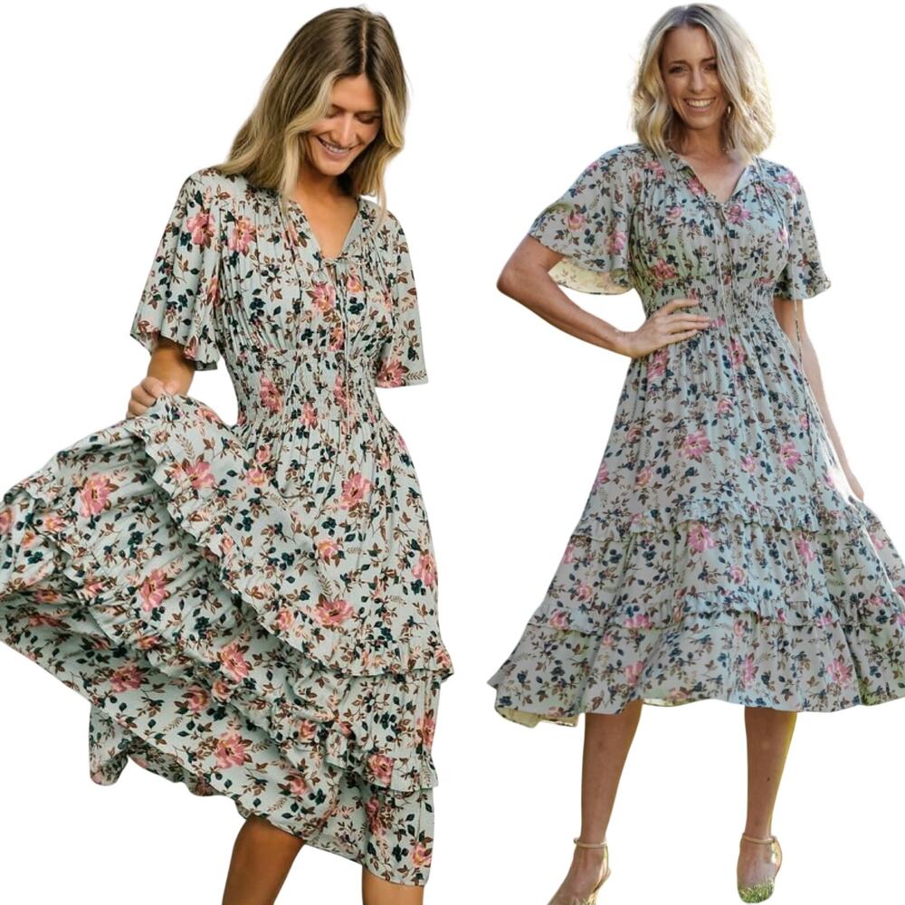 Baltic Born Spell Midi Floral Print Smocked Waist Tiered A Line Skirt Sage Small